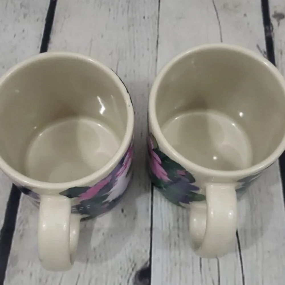 Vintage Handpainted Watercolor Colorful Floral Set of 2 Coffee Mugs